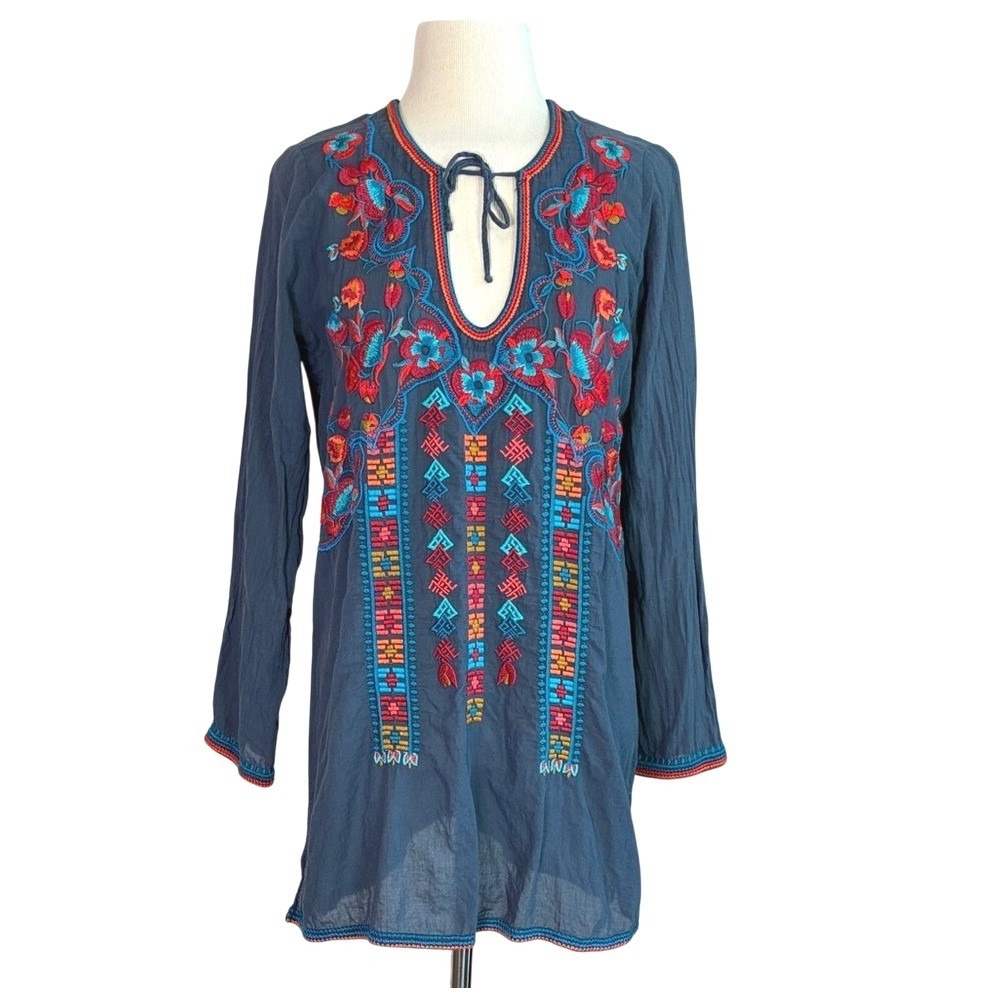 JOHNNY WAS BIYA Small Embroidered Cotton Tunic Top Cottagecore Prairie Delicate